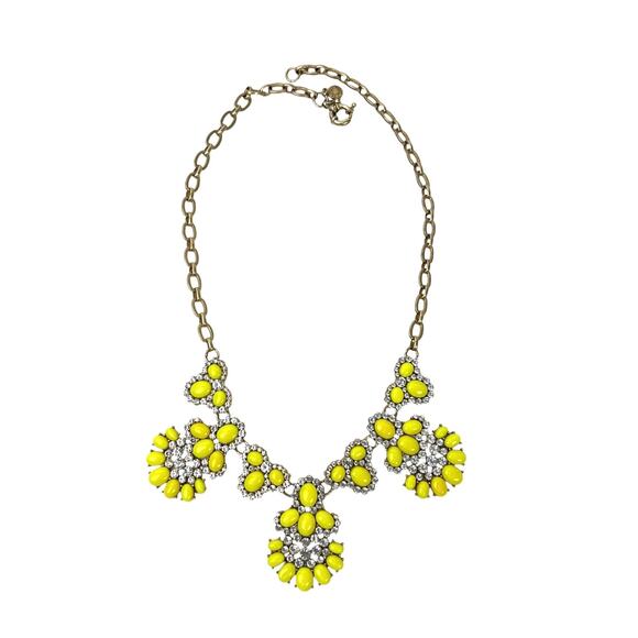 J Crew Necklace Yellow Bead Flowers Clear Rhinestones Gold Tone Chain Sparkle - Picture 4 of 11